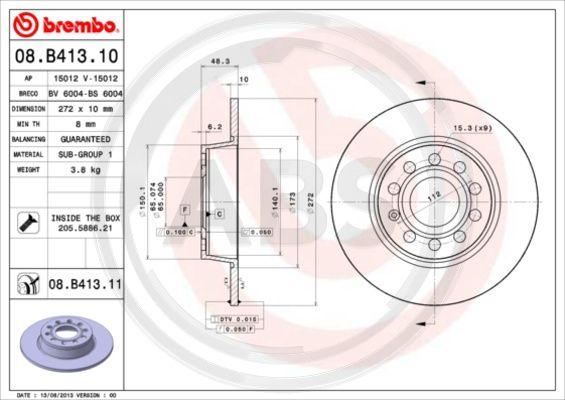 A.B.S. 08.B413.11 - Тормозной диск unicars.by