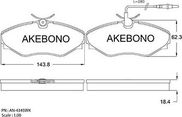 Akebono AN-4345WK - Тормозные колодки, дисковые, комплект unicars.by