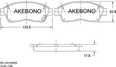 Akebono AN-394WK - Тормозные колодки, дисковые, комплект unicars.by