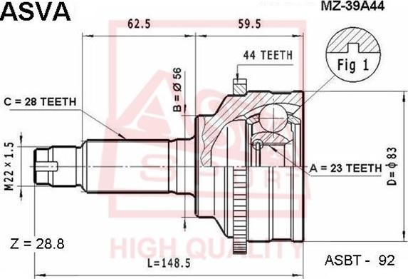 ASVA MZ-39A44 - Шарнирный комплект, ШРУС, приводной вал unicars.by