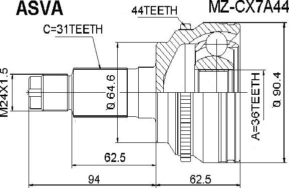 ASVA MZ-CX7A44 - Шарнирный комплект, ШРУС, приводной вал unicars.by