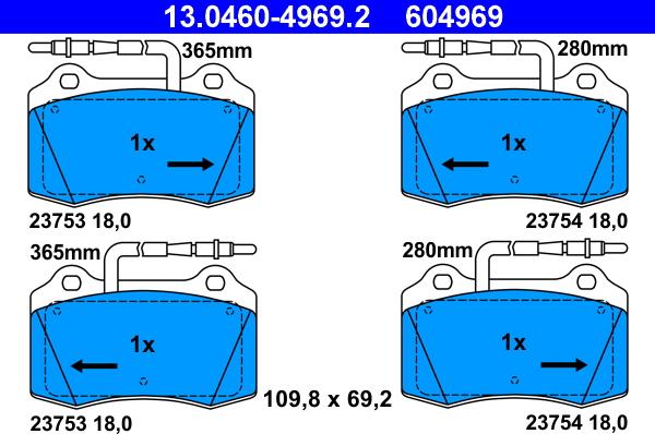 ATE 13.0460-4969.2 - Тормозные колодки, дисковые, комплект unicars.by