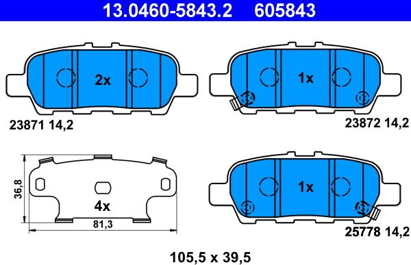 ATE 13.0460-5843.2 - Тормозные колодки, дисковые, комплект unicars.by