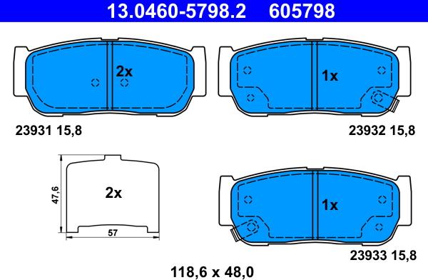 ATE 13.0460-5798.2 - Тормозные колодки, дисковые, комплект unicars.by