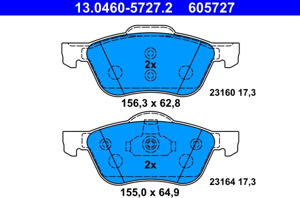 ATE 13.0460-5727.2 - Тормозные колодки, дисковые, комплект unicars.by