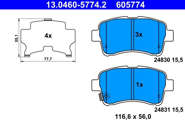 ATE 13.0460-5774.2 - Тормозные колодки, дисковые, комплект unicars.by