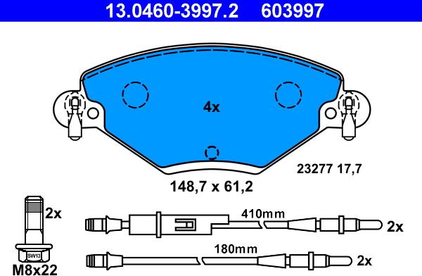 ATE 13.0460-3997.2 - Тормозные колодки, дисковые, комплект unicars.by