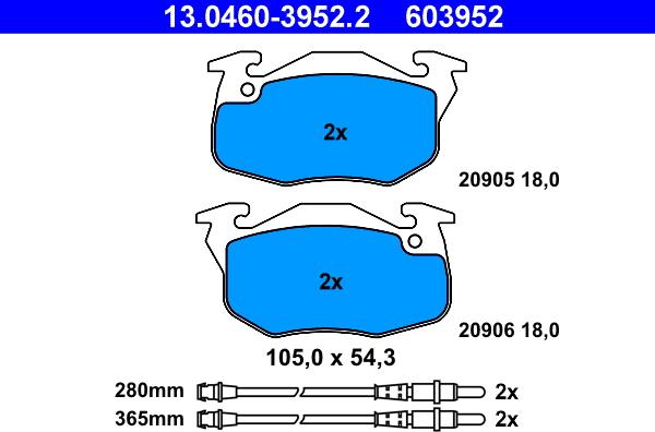 ATE 13.0460-3952.2 - Тормозные колодки, дисковые, комплект unicars.by