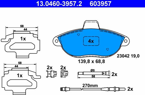 ATE 13.0460-3957.2 - Тормозные колодки, дисковые, комплект unicars.by