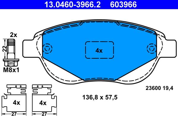 ATE 13.0460-3966.2 - Тормозные колодки, дисковые, комплект unicars.by