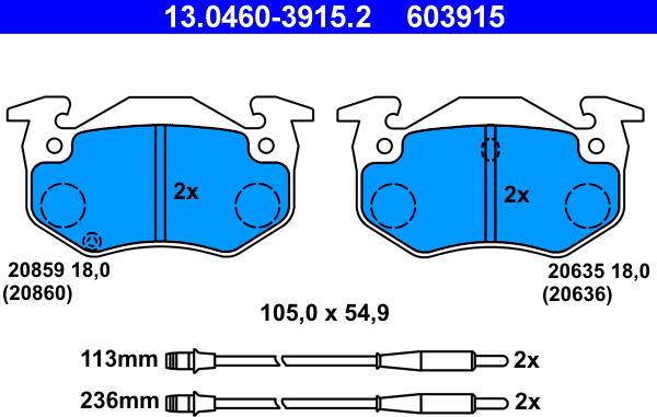 ATE 13.0460-3915.2 - Тормозные колодки, дисковые, комплект unicars.by