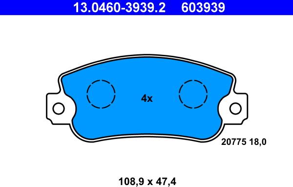 ATE 13.0460-3939.2 - Тормозные колодки, дисковые, комплект unicars.by