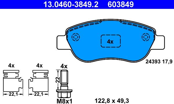 ATE 13.0460-3849.2 - Тормозные колодки, дисковые, комплект unicars.by