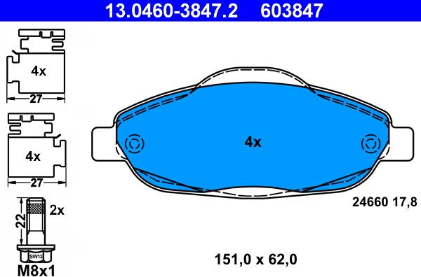 ATE 13.0460-3847.2 - Тормозные колодки, дисковые, комплект unicars.by