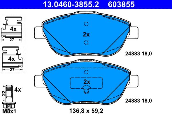 ATE 13.0460-3855.2 - Тормозные колодки, дисковые, комплект unicars.by