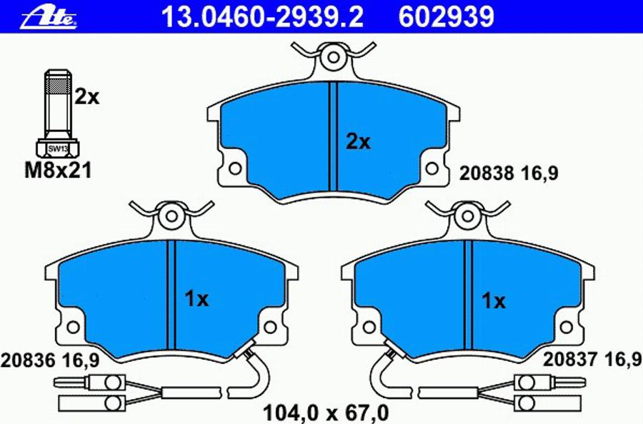 ATE 13.0460-2939.2 - Тормозные колодки, дисковые, комплект unicars.by