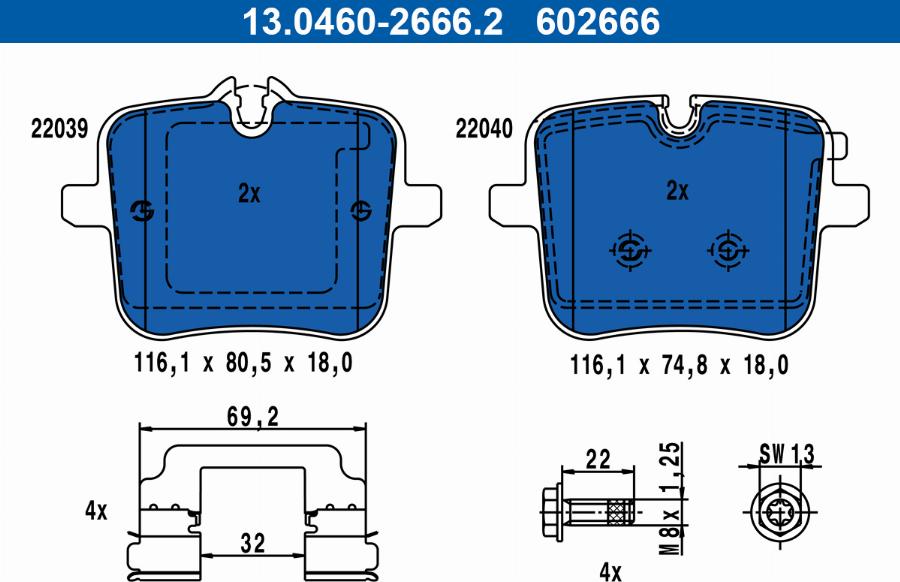 ATE 13.0460-2666.2 - Тормозные колодки, дисковые, комплект unicars.by