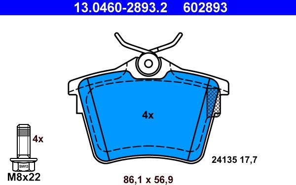 ATE 13.0460-2893.2 - Тормозные колодки, дисковые, комплект unicars.by