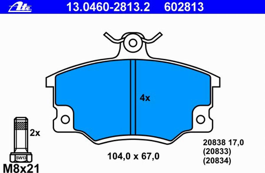 ATE 13.0460-2813.2 - Тормозные колодки, дисковые, комплект unicars.by