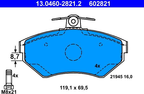 ATE 13.0460-2821.2 - Тормозные колодки, дисковые, комплект unicars.by