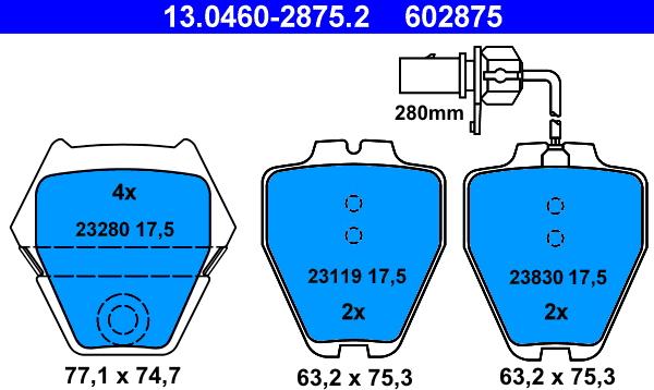 ATE 13.0460-2875.2 - Тормозные колодки, дисковые, комплект unicars.by