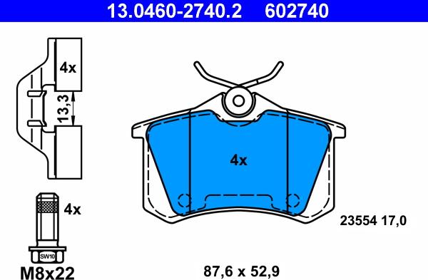 ATE 13.0460-2740.2 - Тормозные колодки, дисковые, комплект unicars.by