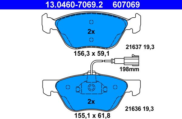 ATE 13.0460-7069.2 - Тормозные колодки, дисковые, комплект unicars.by