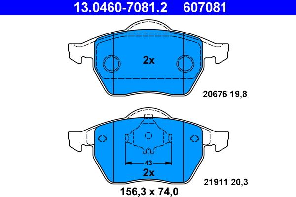 ATE 13.0460-7081.2 - Тормозные колодки, дисковые, комплект unicars.by