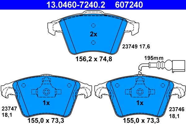 ATE 13.0460-7240.2 - Тормозные колодки, дисковые, комплект unicars.by