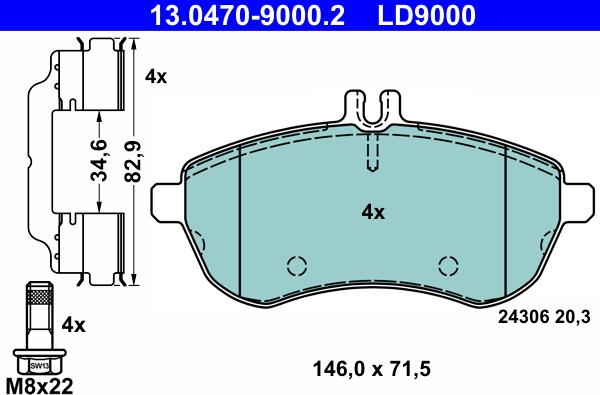 ATE 13.0470-9000.2 - Тормозные колодки, дисковые, комплект unicars.by