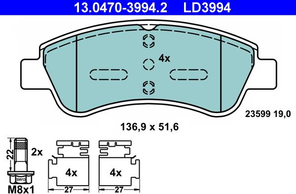 ATE 13.0470-3994.2 - Тормозные колодки, дисковые, комплект unicars.by