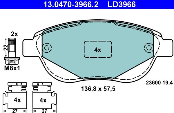 ATE 13.0470-3966.2 - Тормозные колодки, дисковые, комплект unicars.by