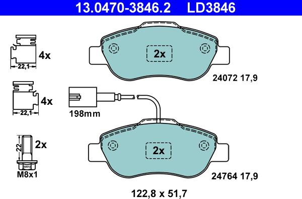 ATE 13.0470-3846.2 - Тормозные колодки, дисковые, комплект unicars.by