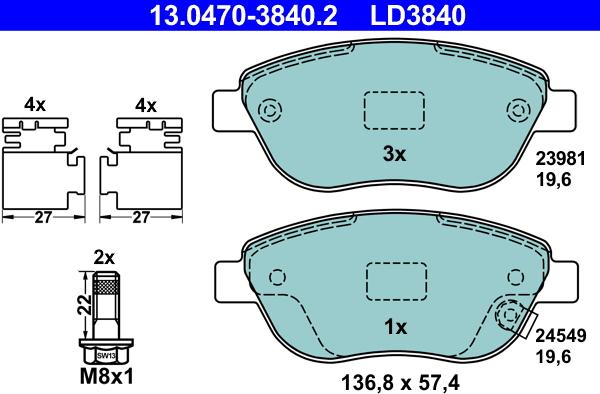 ATE 13.0470-3840.2 - Тормозные колодки, дисковые, комплект unicars.by