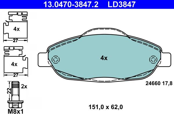 ATE 13.0470-3847.2 - Тормозные колодки, дисковые, комплект unicars.by