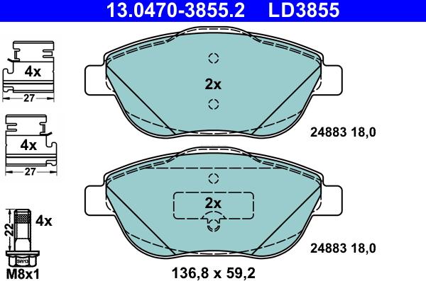 ATE 13.0470-3855.2 - Тормозные колодки, дисковые, комплект unicars.by