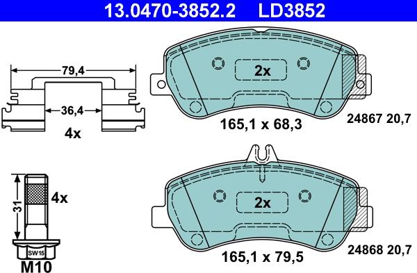 ATE 13.0470-3852.2 - Тормозные колодки, дисковые, комплект unicars.by