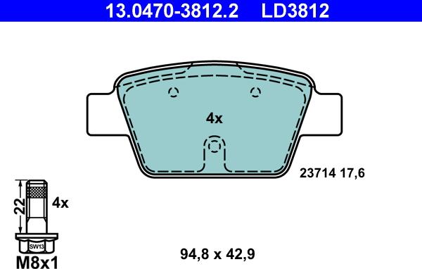 ATE 13.0470-3812.2 - Тормозные колодки, дисковые, комплект unicars.by