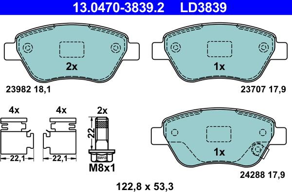 ATE 13.0470-3839.2 - Тормозные колодки, дисковые, комплект unicars.by