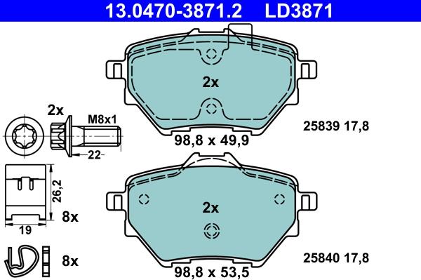 ATE 13.0470-3871.2 - Тормозные колодки, дисковые, комплект unicars.by