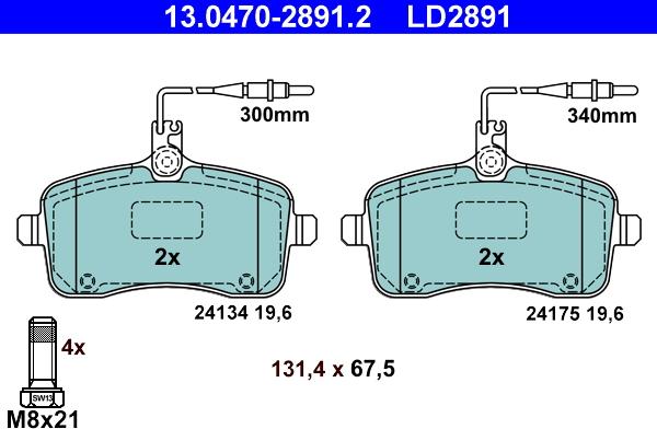 ATE 13.0470-2891.2 - Тормозные колодки, дисковые, комплект unicars.by