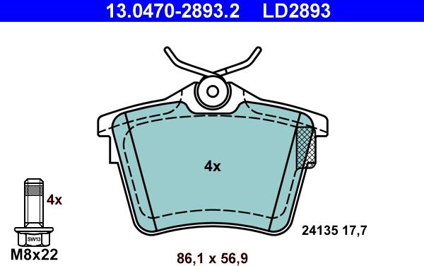 ATE 13.0470-2893.2 - Тормозные колодки, дисковые, комплект unicars.by