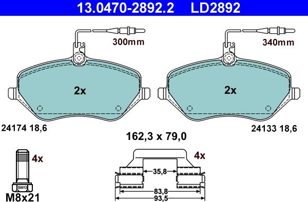 ATE 13.0470-2892.2 - Тормозные колодки, дисковые, комплект unicars.by