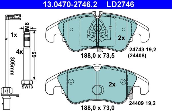 ATE 13.0470-2746.2 - Тормозные колодки, дисковые, комплект unicars.by