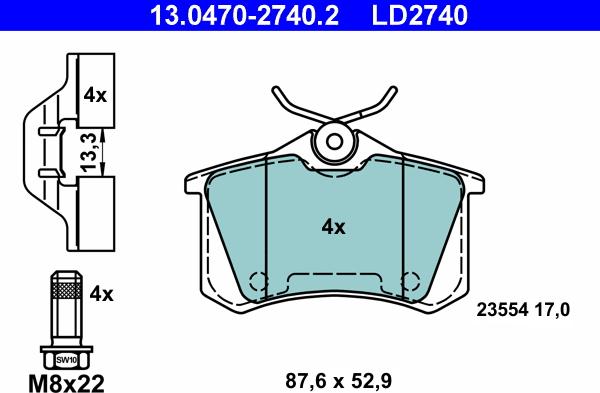 ATE 13.0470-2740.2 - Тормозные колодки, дисковые, комплект unicars.by