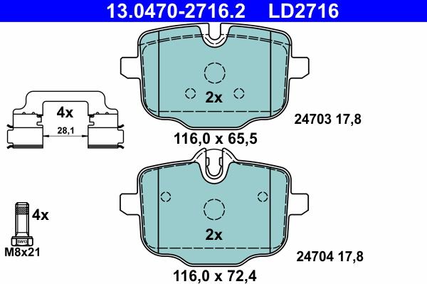 ATE 13.0470-2716.2 - Тормозные колодки, дисковые, комплект unicars.by