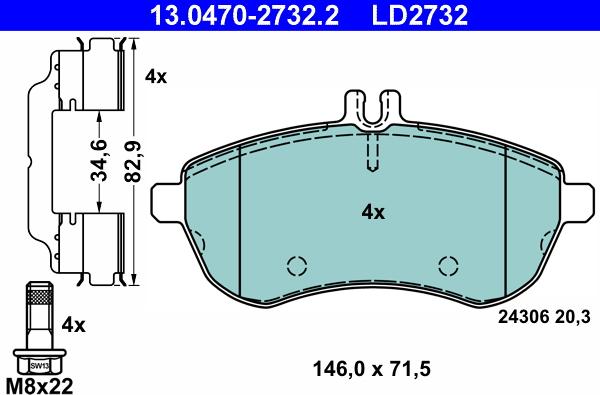 ATE 13.0470-2732.2 - Тормозные колодки, дисковые, комплект unicars.by