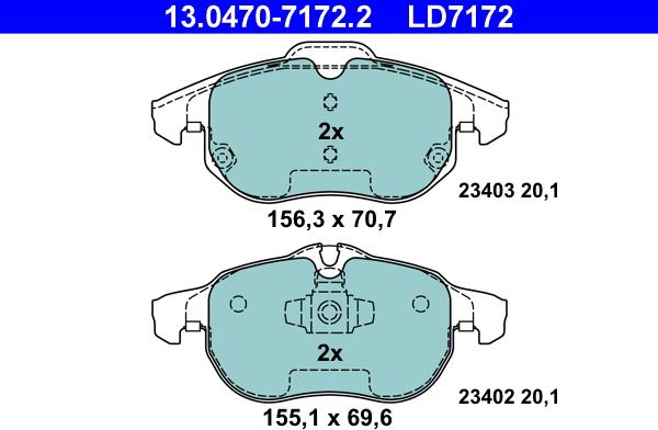 ATE 13.0470-7172.2 - Тормозные колодки, дисковые, комплект unicars.by