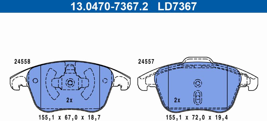 ATE 13.0470-7367.2 - Тормозные колодки, дисковые, комплект unicars.by