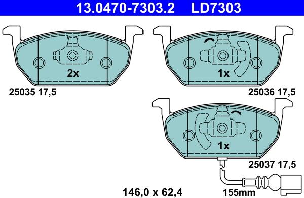 ATE 13.0470-7303.2 - Тормозные колодки, дисковые, комплект unicars.by